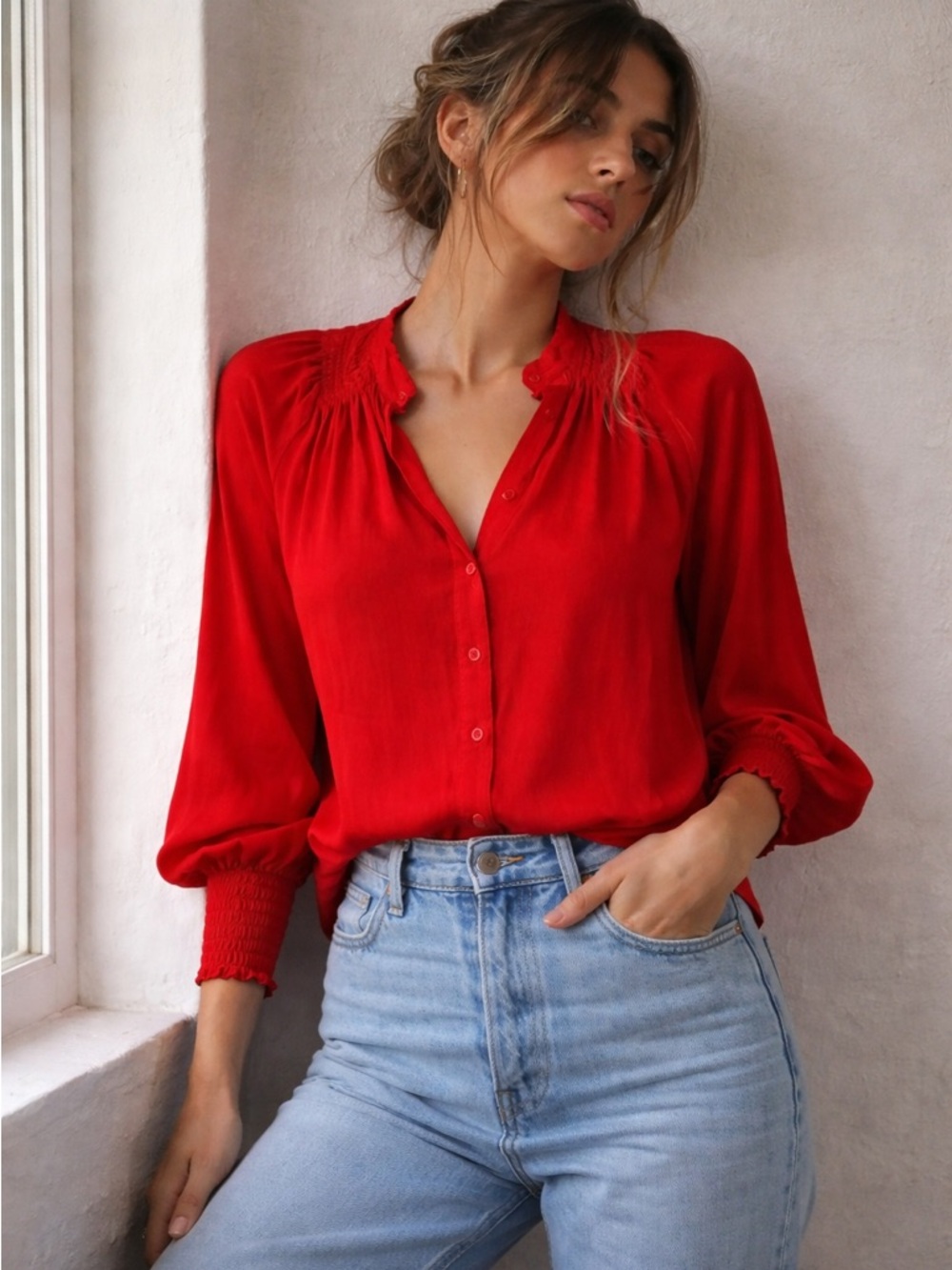 Maria Cher Red‎ Blouse XS Button Front Balloon Sleeve Viscose Effortless Chic